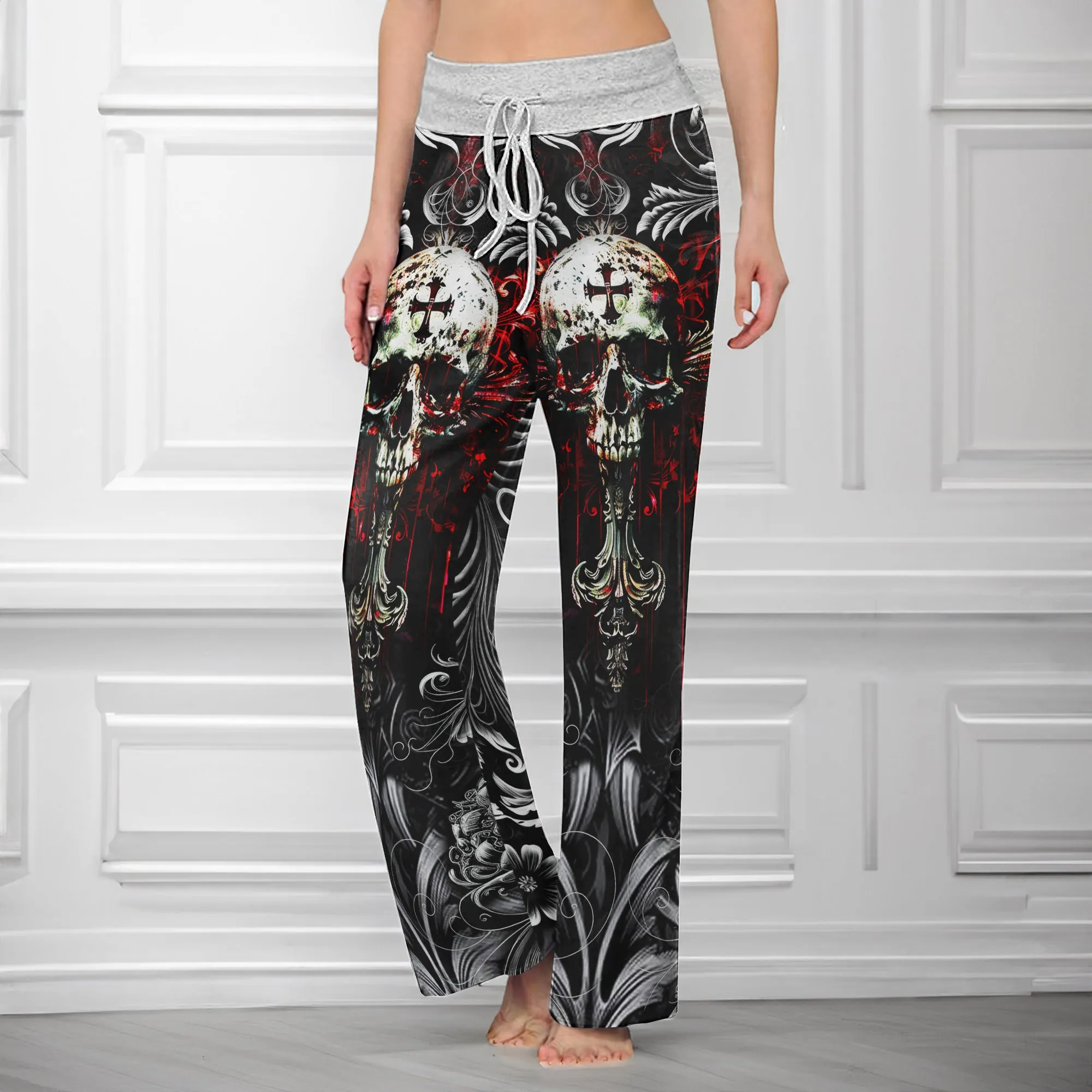 Red Cross Skull Art Women's High-waisted Wide Leg Pants