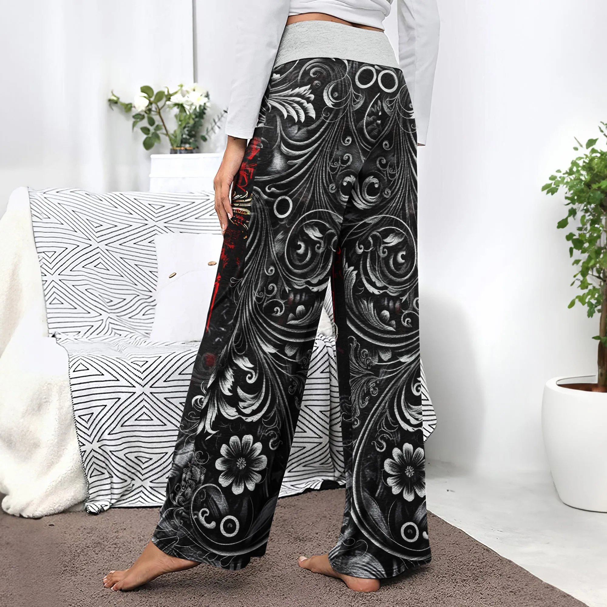Red Cross Skull Art Women's High-waisted Wide Leg Pants