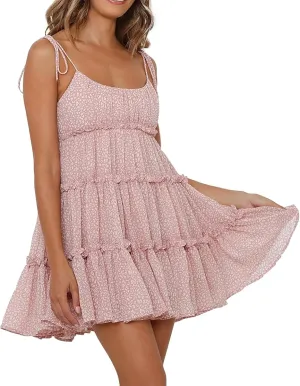 Short Dress for Women Chiffon Floral Mini Skater Dress Flowy Smocked Sun Dresses Cute Teen Spaghetti Strap Tiered Dresses