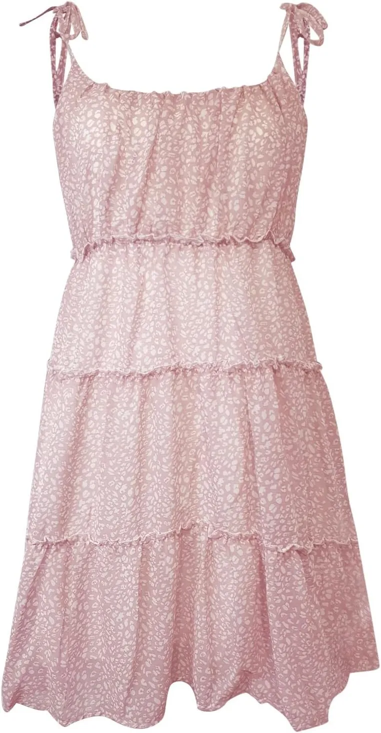 Short Dress for Women Chiffon Floral Mini Skater Dress Flowy Smocked Sun Dresses Cute Teen Spaghetti Strap Tiered Dresses