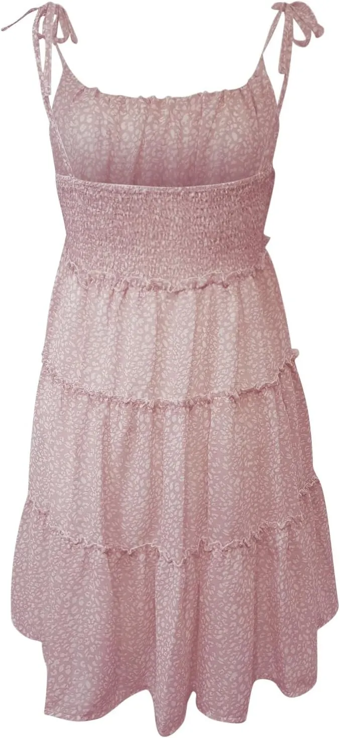 Short Dress for Women Chiffon Floral Mini Skater Dress Flowy Smocked Sun Dresses Cute Teen Spaghetti Strap Tiered Dresses