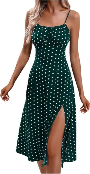 Spaghetti Strap Dresses for Women Corset Polka Dot Slim Fit Aline Midi Wedding Guest Side Slit Sundress Sexy,S-2XL