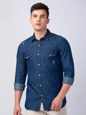Spykar Men Dark Blue Cotton Slim Fit Denim Shirt
