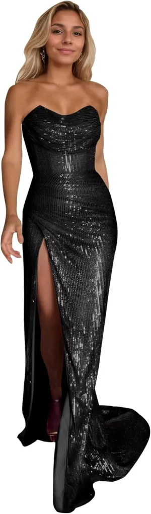 Strapless Sequins Prom Dresses with Slit Long Mermaid Formal Evening Party Gown with Pleats