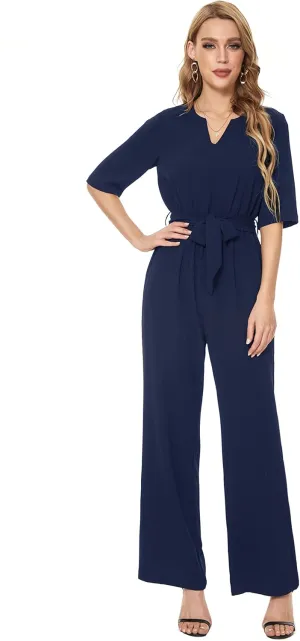 SUGAR POISON Women's Short Sleeve Jumpsuits Loose Jumpsuit V Neck Hight Waist Wide Leg Pant Casual Rompers with Belt