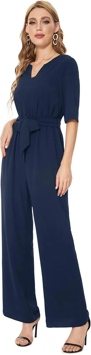 SUGAR POISON Women's Short Sleeve Jumpsuits Loose Jumpsuit V Neck Hight Waist Wide Leg Pant Casual Rompers with Belt