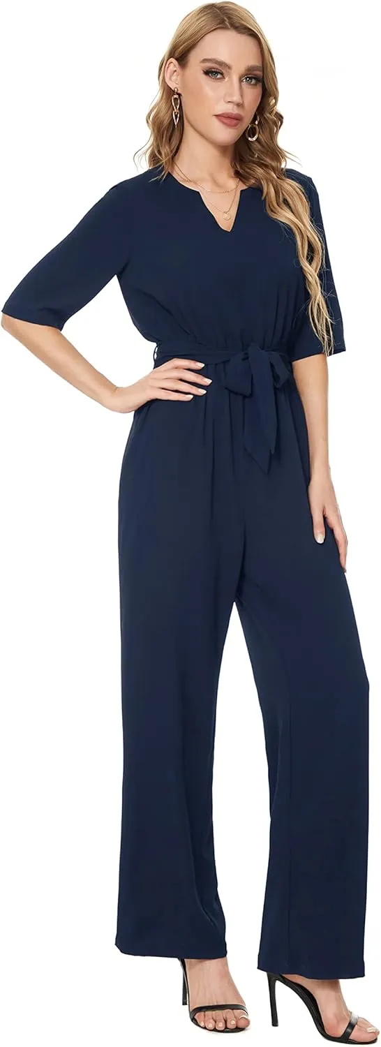 SUGAR POISON Women's Short Sleeve Jumpsuits Loose Jumpsuit V Neck Hight Waist Wide Leg Pant Casual Rompers with Belt