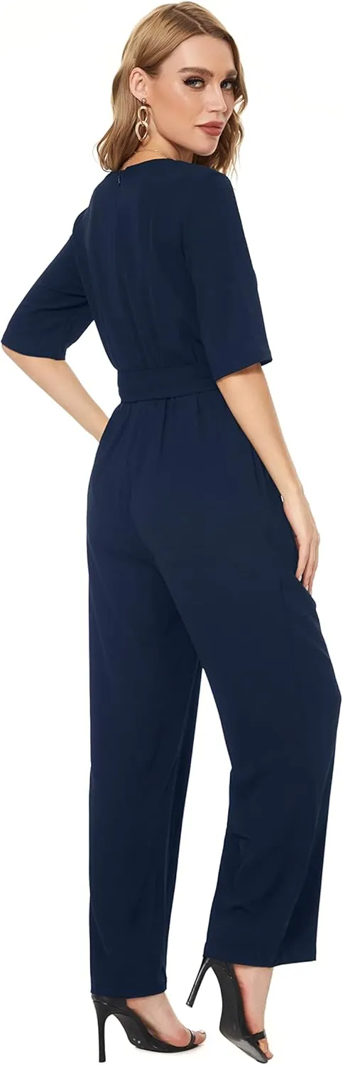 SUGAR POISON Women's Short Sleeve Jumpsuits Loose Jumpsuit V Neck Hight Waist Wide Leg Pant Casual Rompers with Belt