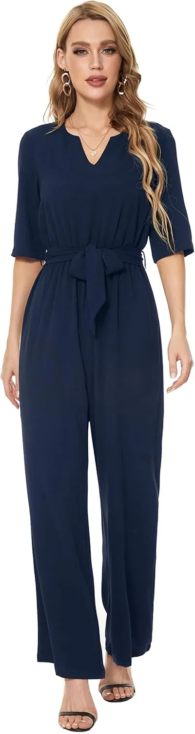 SUGAR POISON Women's Short Sleeve Jumpsuits Loose Jumpsuit V Neck Hight Waist Wide Leg Pant Casual Rompers with Belt
