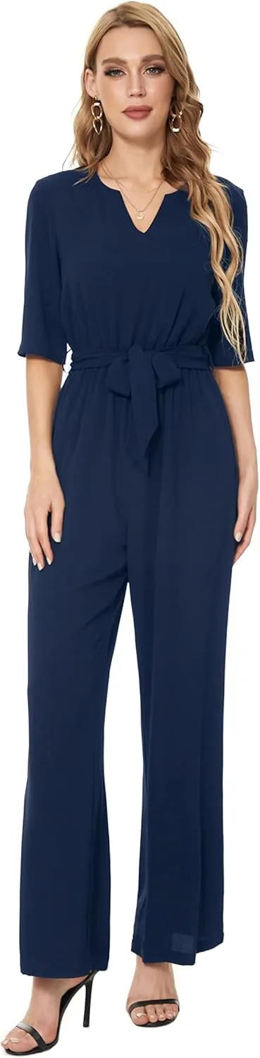 SUGAR POISON Women's Short Sleeve Jumpsuits Loose Jumpsuit V Neck Hight Waist Wide Leg Pant Casual Rompers with Belt