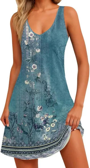 Summer Dresses for Women 2024,Deals Lightning of Today Prime Petite Trendy Vacation Sundresses Casual Beach Dress Elegant Floral Boho Printed Mini Dresses Sleeveless Tank Dress Cruise(Ba-Green,L)