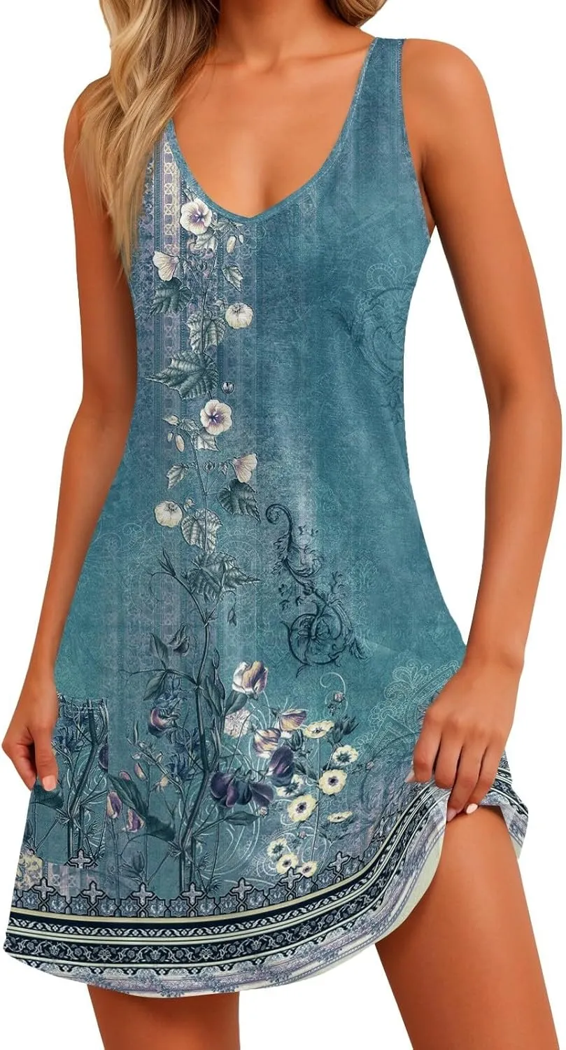 Summer Dresses for Women 2024,Deals Lightning of Today Prime Petite Trendy Vacation Sundresses Casual Beach Dress Elegant Floral Boho Printed Mini Dresses Sleeveless Tank Dress Cruise(Ba-Green,L)