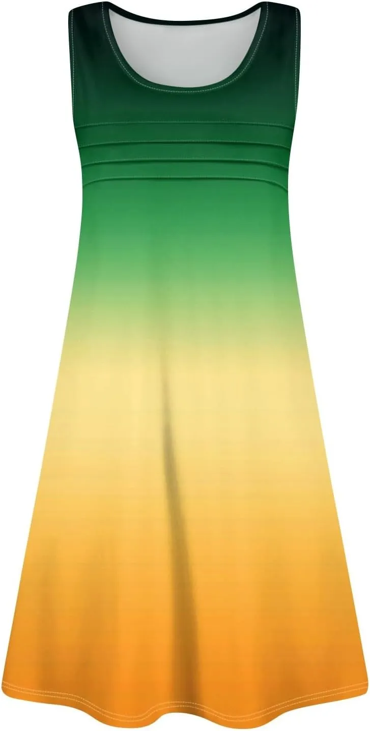 Summer Dresses for Women 2025 Casual Crewneck Sleeveless Tunic Dress Gradient Color Flowy Sundress with Pockets