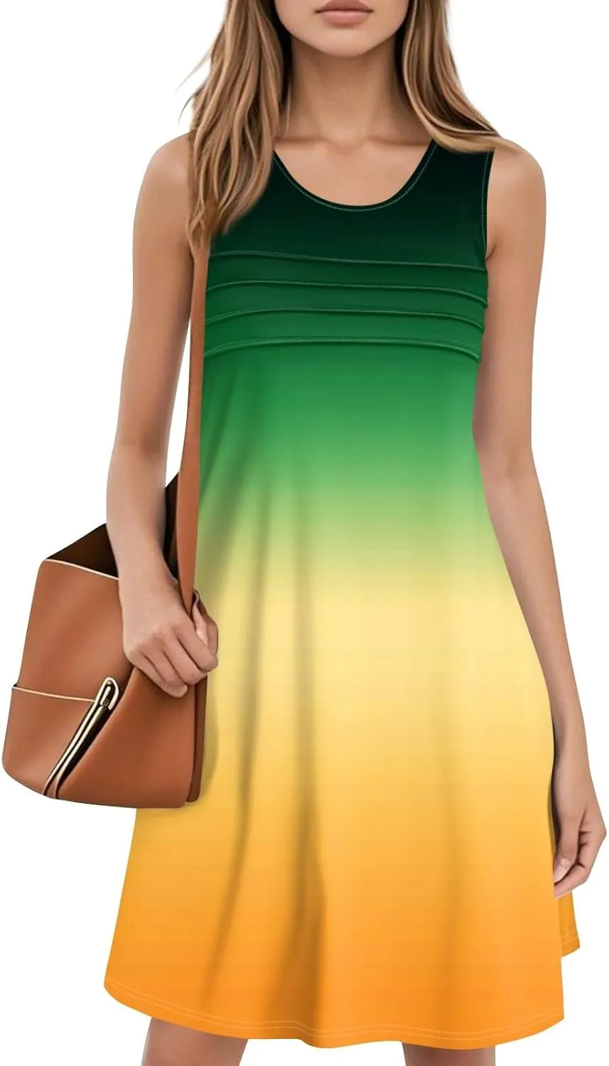 Summer Dresses for Women 2025 Casual Crewneck Sleeveless Tunic Dress Gradient Color Flowy Sundress with Pockets