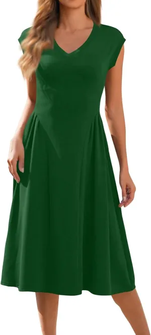 Summer Dresses for Women 2025 Casual V Neck Cap Sleeve Midi Dress Pleated Flowy Business Formal A Line Dresses