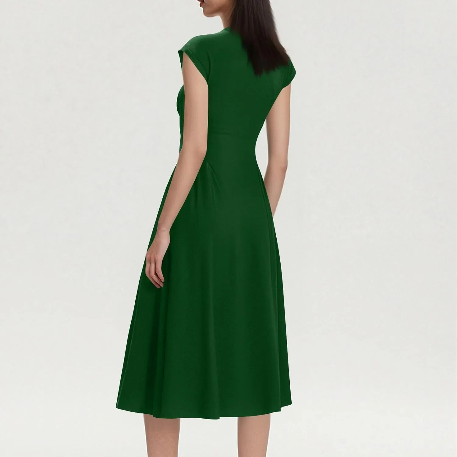Summer Dresses for Women 2025 Casual V Neck Cap Sleeve Midi Dress Pleated Flowy Business Formal A Line Dresses
