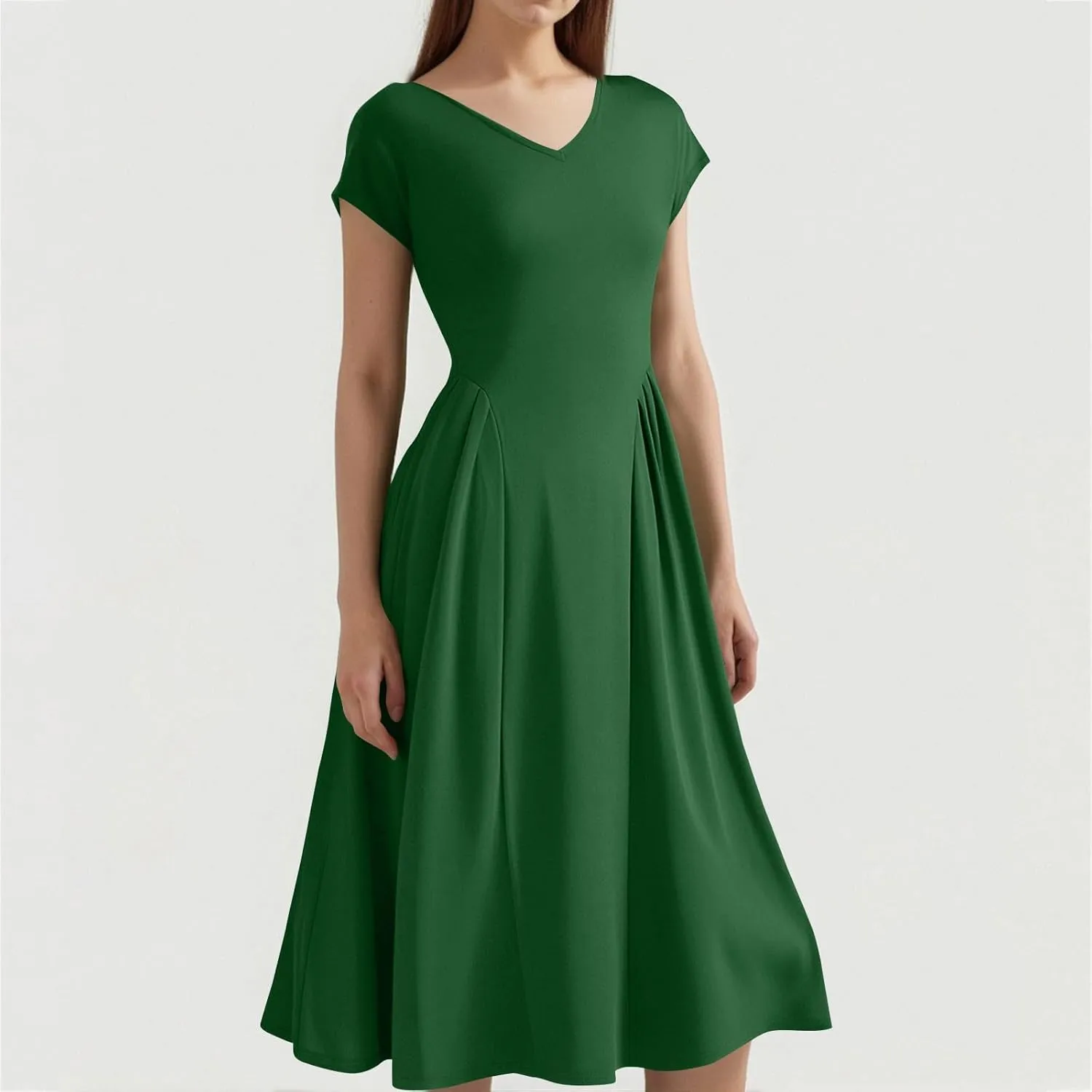 Summer Dresses for Women 2025 Casual V Neck Cap Sleeve Midi Dress Pleated Flowy Business Formal A Line Dresses