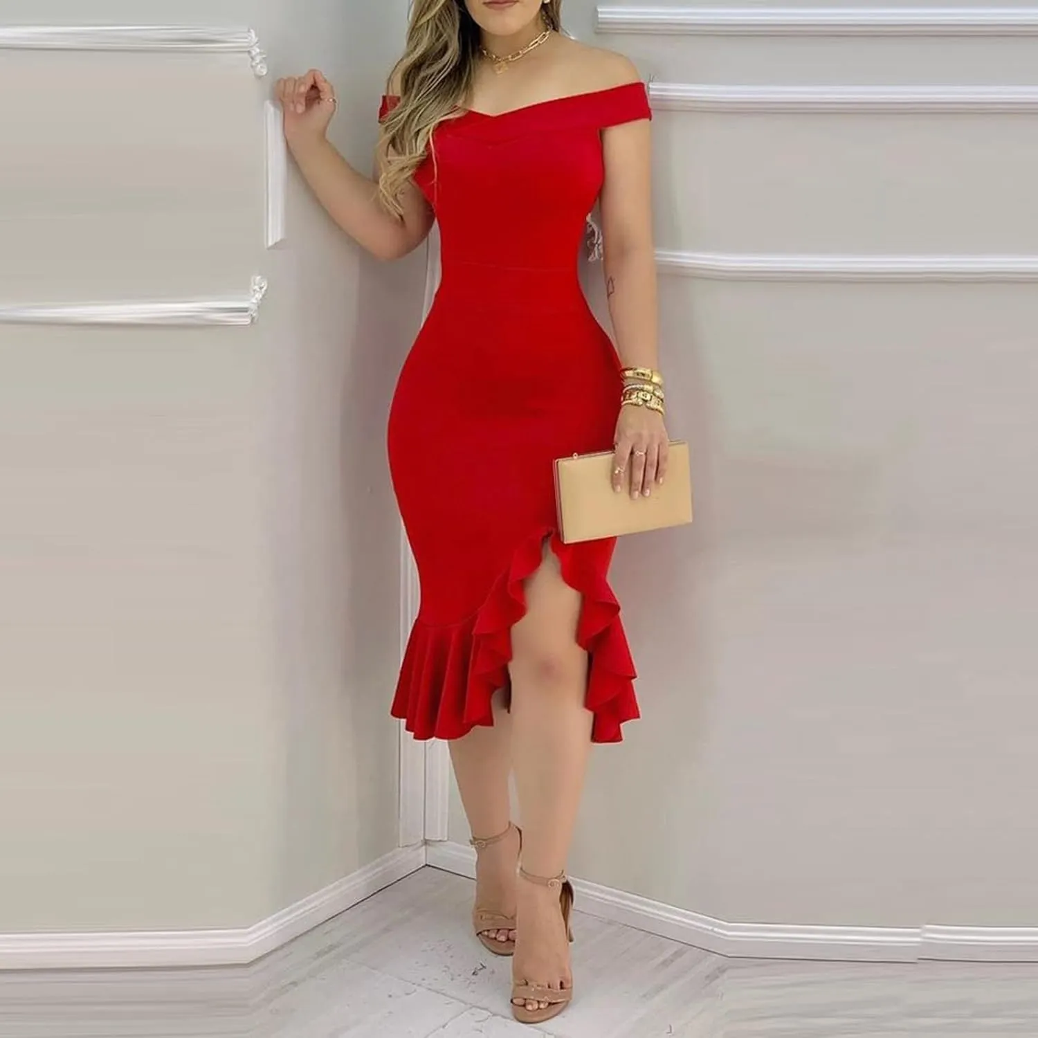 Summer Dresses for Women 2025 Off Shoulder Ruffle Irregular Bodycon Midi Dress Formal Wedding Guest Dresses