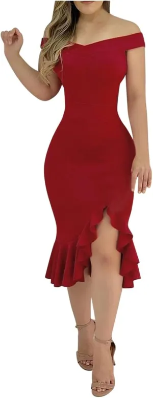 Summer Dresses for Women 2025 Off Shoulder Ruffle Irregular Bodycon Midi Dress Formal Wedding Guest Dresses