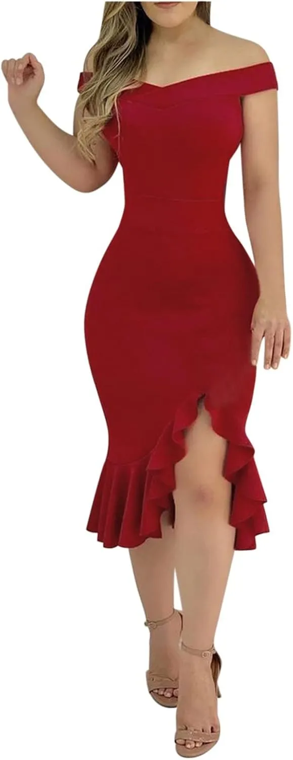 Summer Dresses for Women 2025 Off Shoulder Ruffle Irregular Bodycon Midi Dress Formal Wedding Guest Dresses