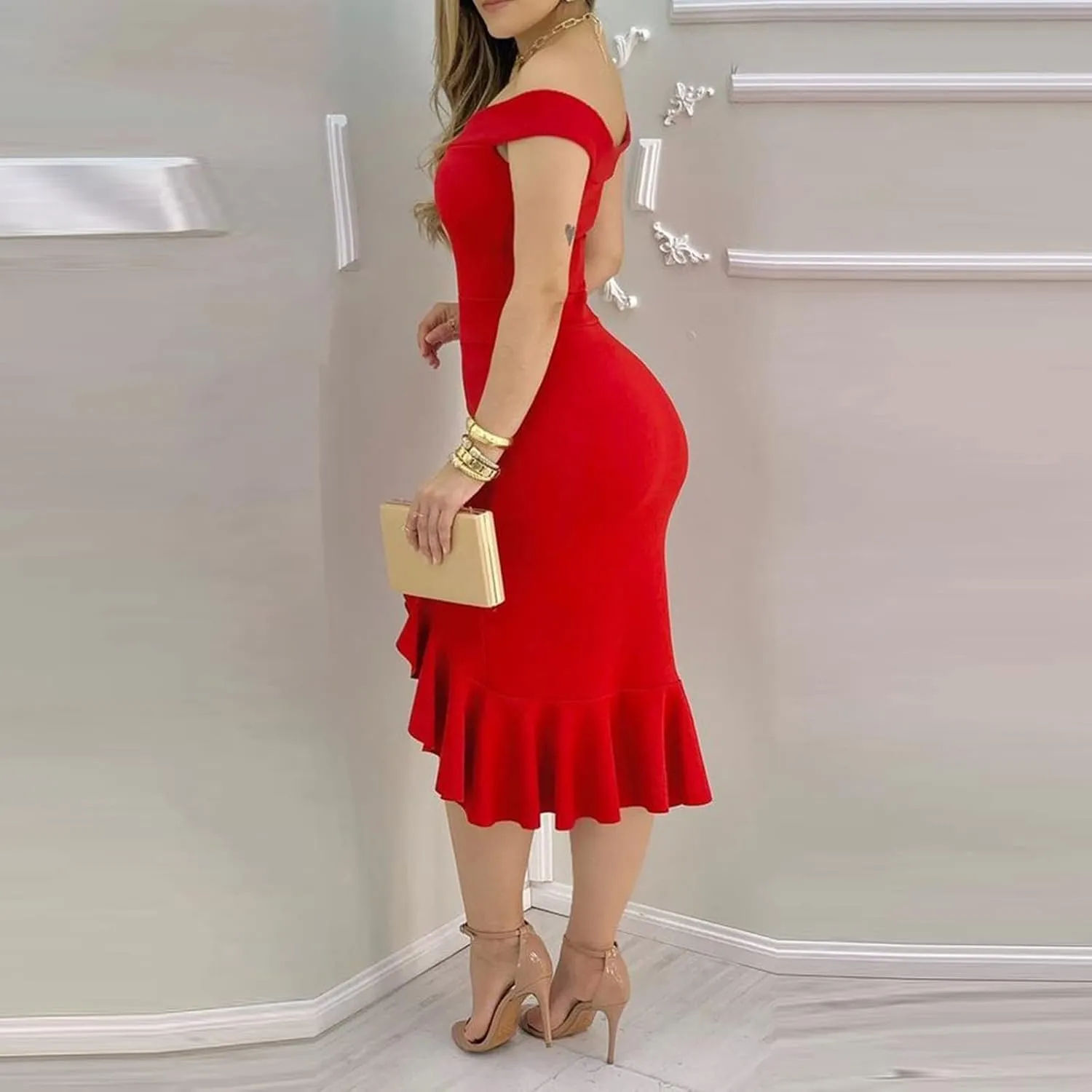 Summer Dresses for Women 2025 Off Shoulder Ruffle Irregular Bodycon Midi Dress Formal Wedding Guest Dresses