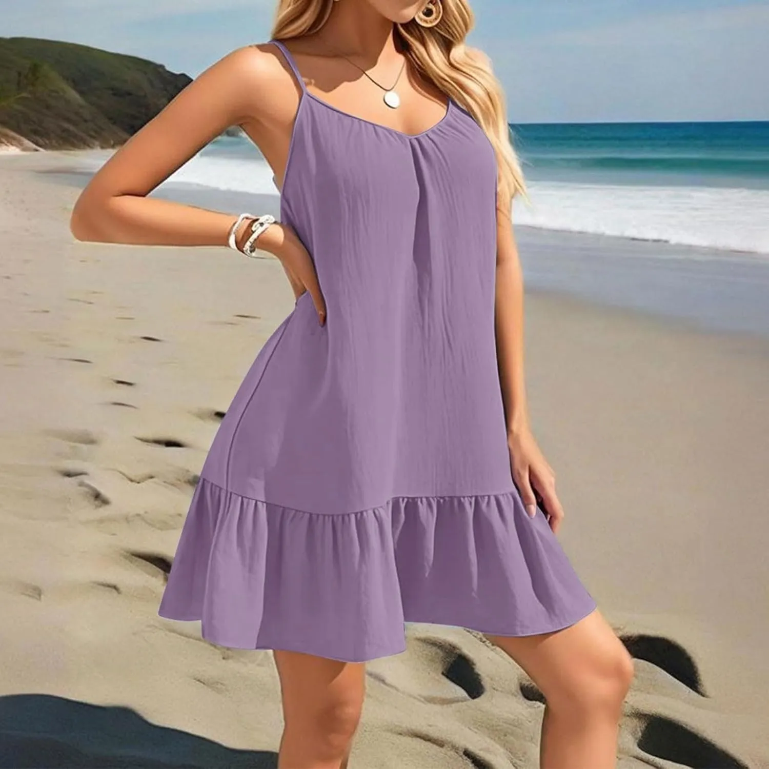 Summer Dresses for Women 2025 Vacation Spaghetti Strap Sleeveless Sexy Mini Dress Ruffle Hem Loose Flowy Beach Dress