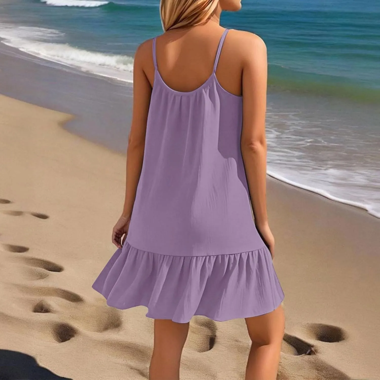 Summer Dresses for Women 2025 Vacation Spaghetti Strap Sleeveless Sexy Mini Dress Ruffle Hem Loose Flowy Beach Dress