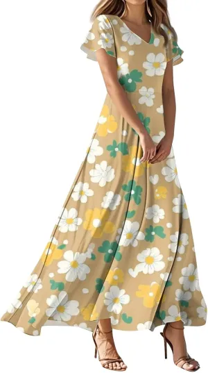 Summer Dresses for Women Casual Trendy Short Sleeve V-Neck Floral Print Flowy Boho Maxi Vacation Dress, XS-2XL