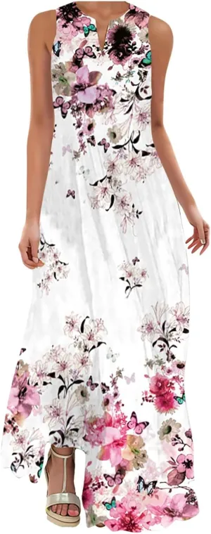 Summer Dresses for Women Trendy Sunflower Print Notch V Neck Maxi Dress Casual Sleeveless Beach Sundress with Pockets