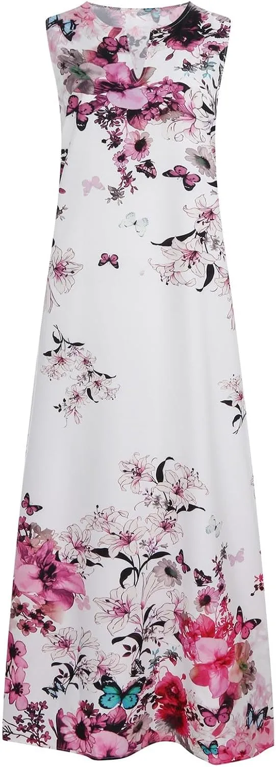 Summer Dresses for Women Trendy Sunflower Print Notch V Neck Maxi Dress Casual Sleeveless Beach Sundress with Pockets