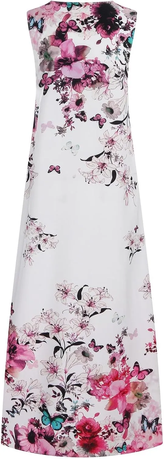 Summer Dresses for Women Trendy Sunflower Print Notch V Neck Maxi Dress Casual Sleeveless Beach Sundress with Pockets