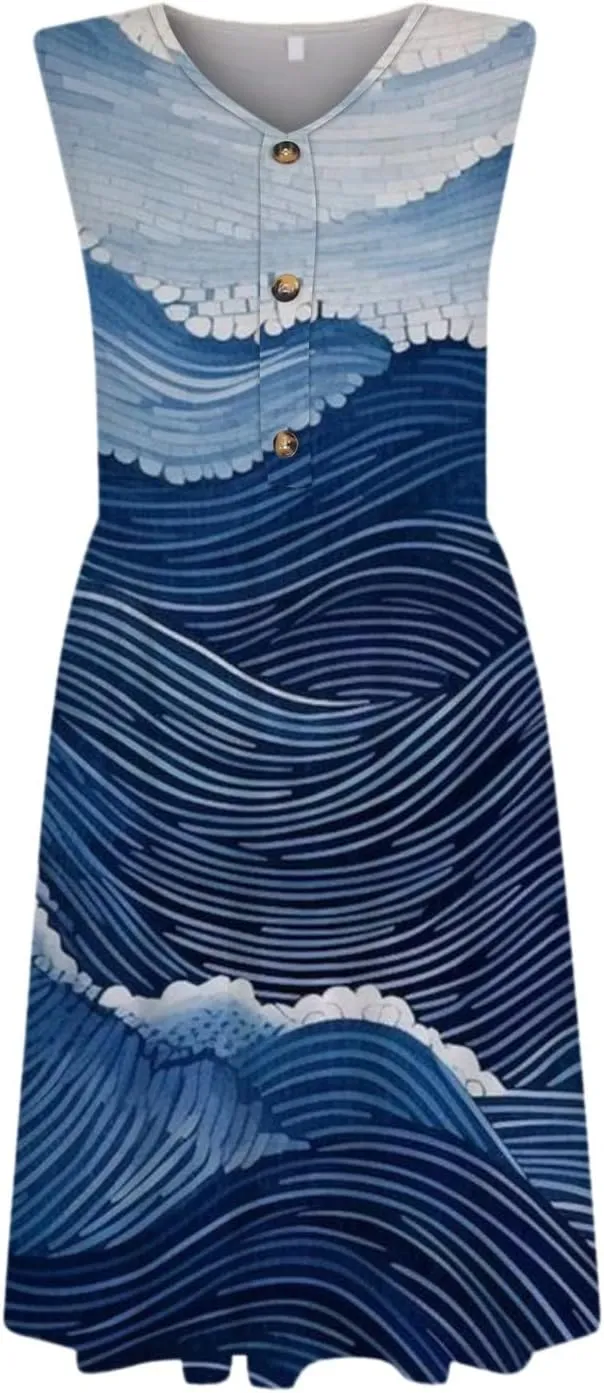 Summer Floral Midi Dress for Women Loose U Neck Casual Sleeveless 2025 Beach Floral Print Sundresses Dress with Pockets