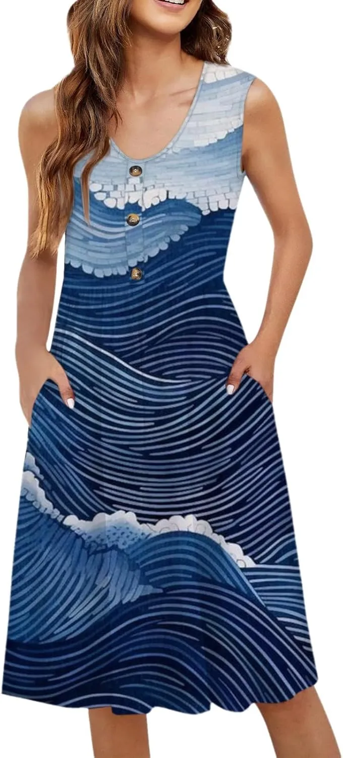 Summer Floral Midi Dress for Women Loose U Neck Casual Sleeveless 2025 Beach Floral Print Sundresses Dress with Pockets