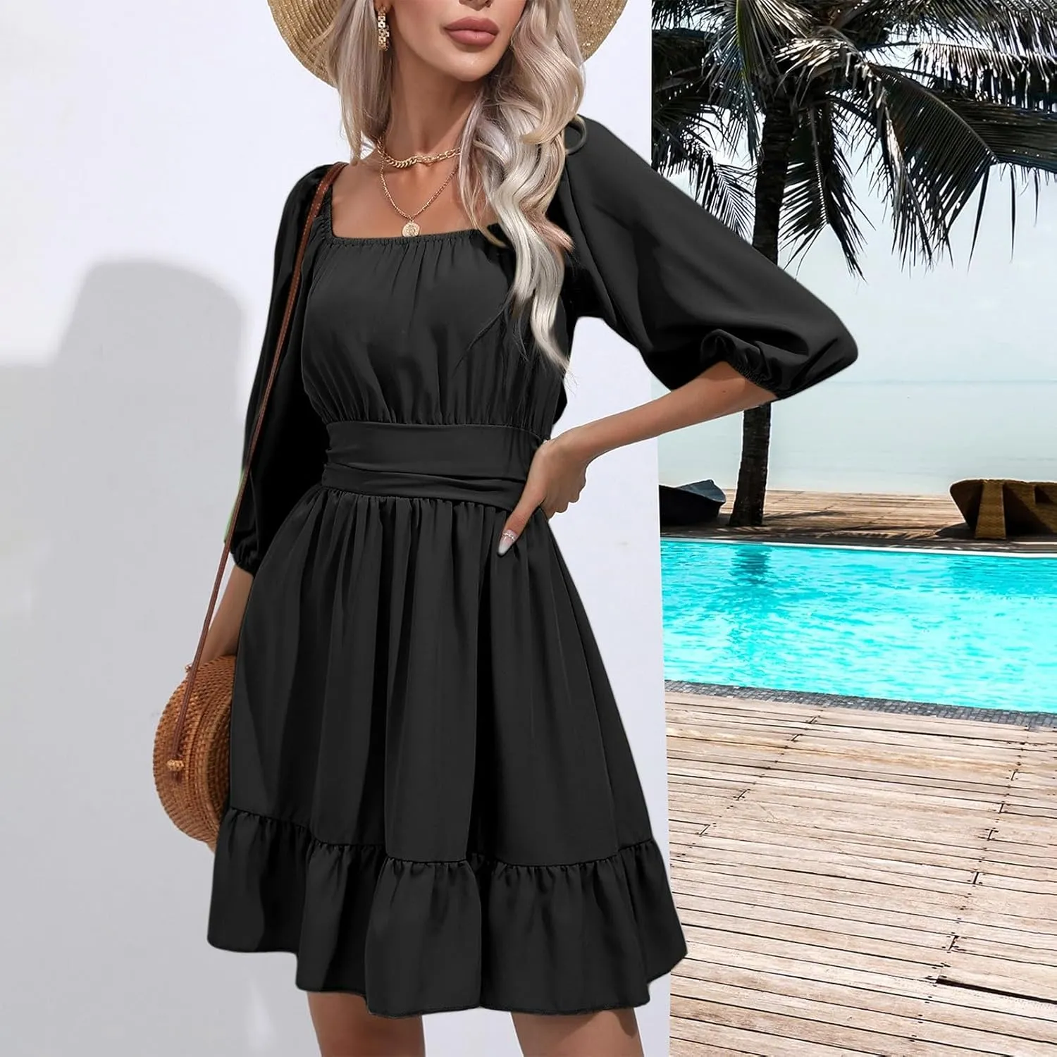 Summer Short Sleeve Boho Dress Casual Square Neck Sexy Mini Dress Elegant Formal Ruched Flowy A Line Ruffle Dress