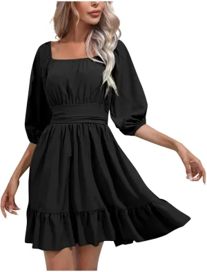 Summer Short Sleeve Boho Dress Casual Square Neck Sexy Mini Dress Elegant Formal Ruched Flowy A Line Ruffle Dress