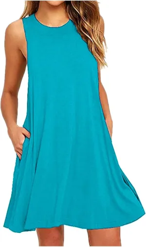 Sundresses for Women 2024 Solid Color Crewneck Sleeveless Summer Dress Loose Fit Tunic Midi Dress Flowy Swing Sundresses