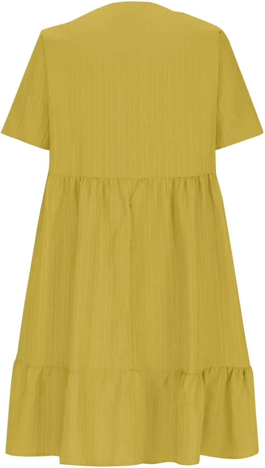 Sundresses for Women 2025 Women's Knee Length Flowy Dresses with Short Sleeves Womens Vneck Ruffle Mini Dress