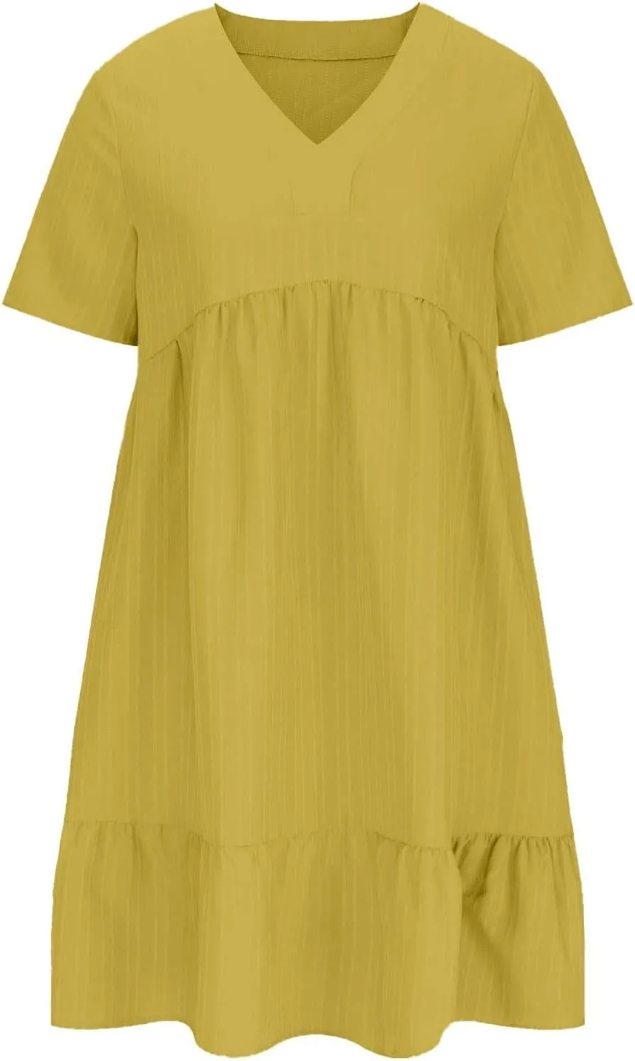 Sundresses for Women 2025 Women's Knee Length Flowy Dresses with Short Sleeves Womens Vneck Ruffle Mini Dress