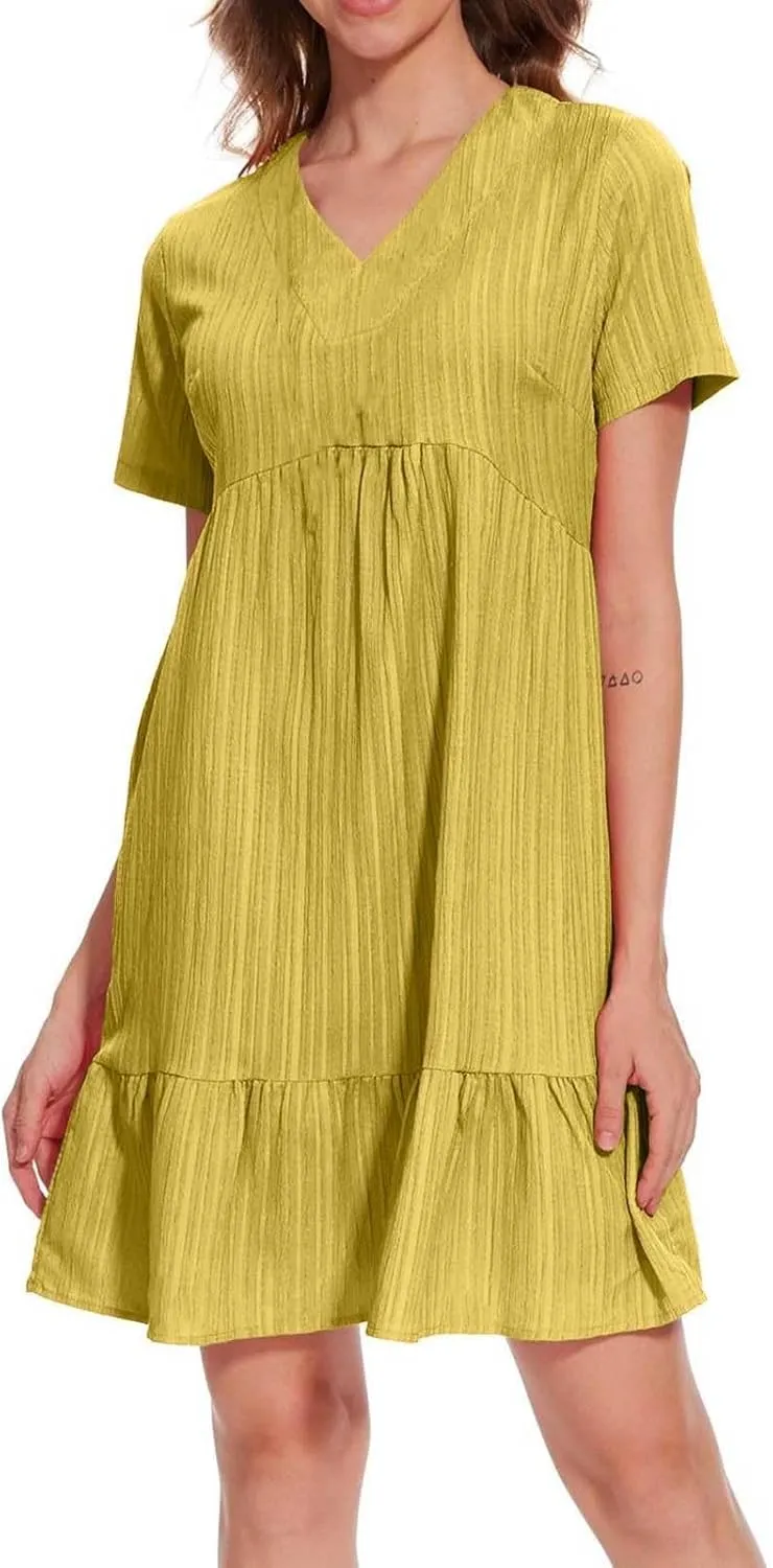Sundresses for Women 2025 Women's Knee Length Flowy Dresses with Short Sleeves Womens Vneck Ruffle Mini Dress