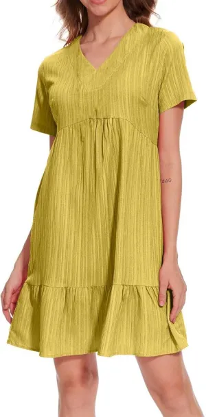 Sundresses for Women 2025 Women's Knee Length Flowy Dresses with Short Sleeves Womens Vneck Ruffle Mini Dress