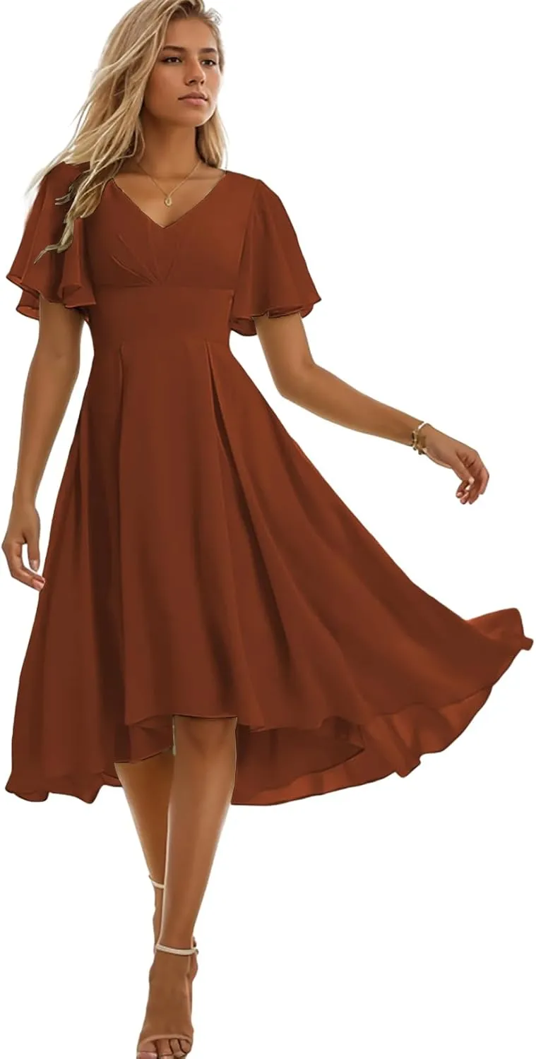 Tea Length Bridesmaid Dresses for Women Ruffles Chiffon Formal Dress with Sleeves Corset Evening Gowns