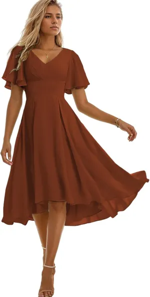 Tea Length Bridesmaid Dresses for Women Ruffles Chiffon Formal Dress with Sleeves Corset Evening Gowns