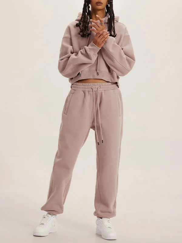 Thick Plush Hoodies Solid Short Top & Long Pants Set
