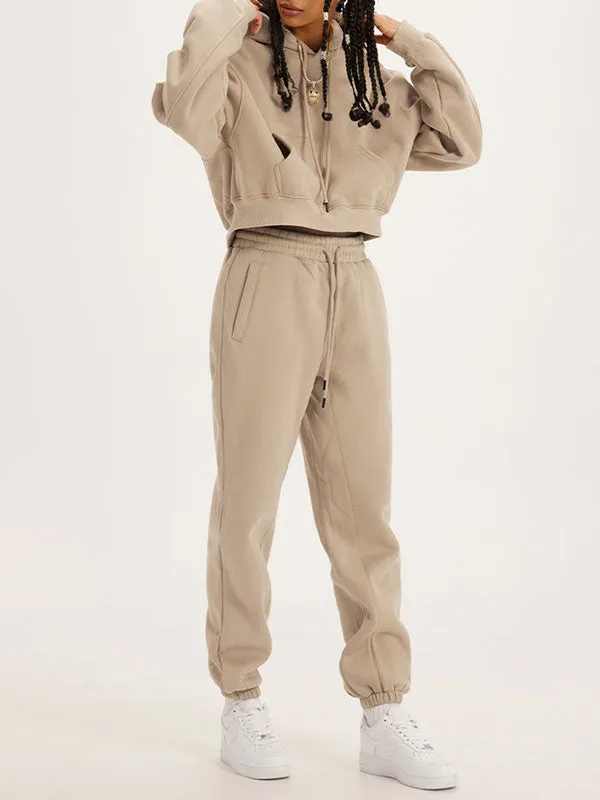 Thick Plush Hoodies Solid Short Top & Long Pants Set
