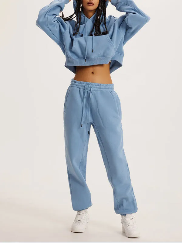 Thick Plush Hoodies Solid Short Top & Long Pants Set