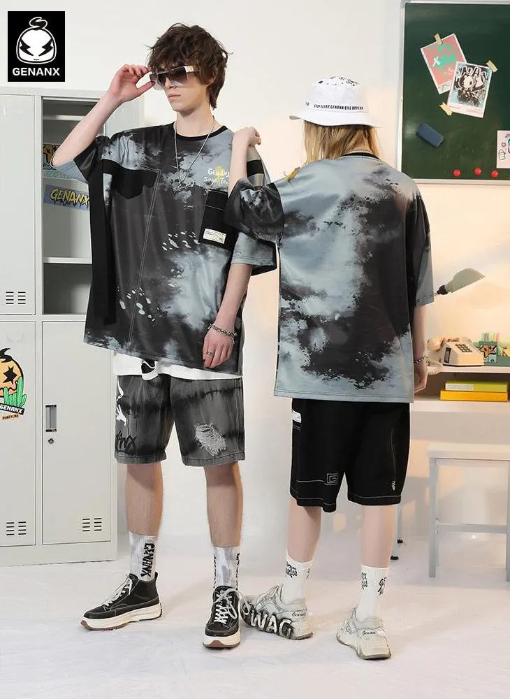 Tie Dye Pocket Print Flutter Space Cotton T-Shirt