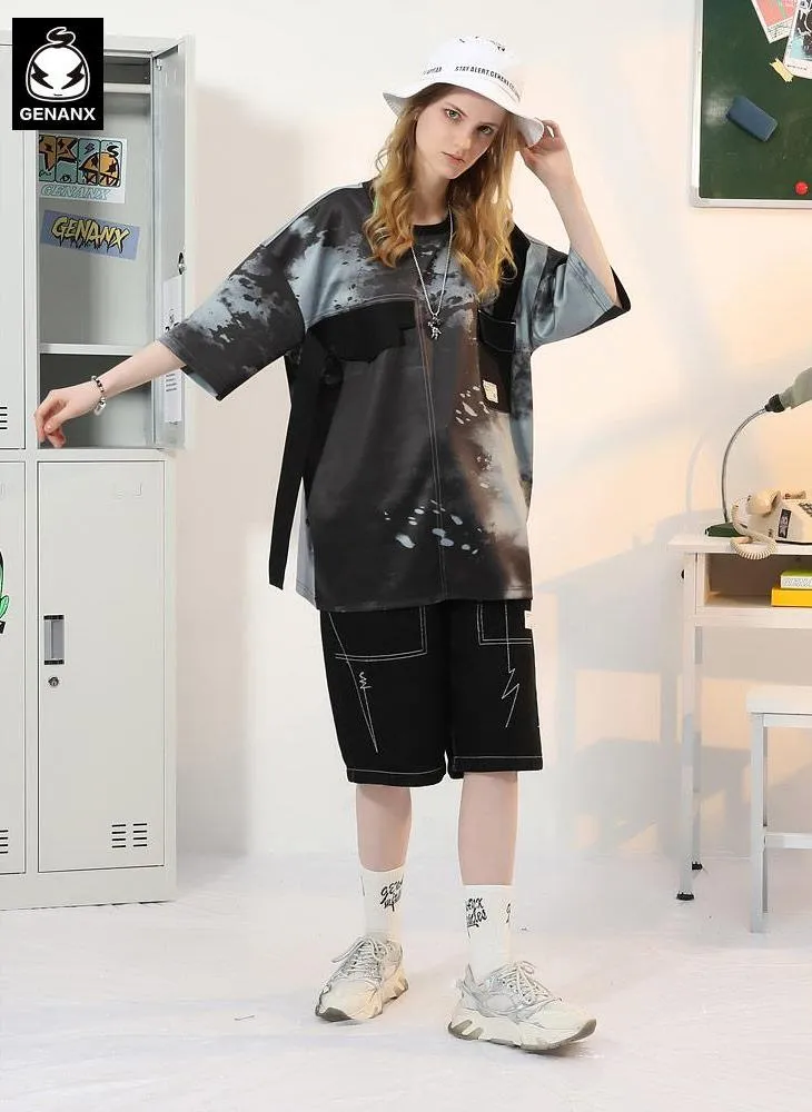 Tie Dye Pocket Print Flutter Space Cotton T-Shirt