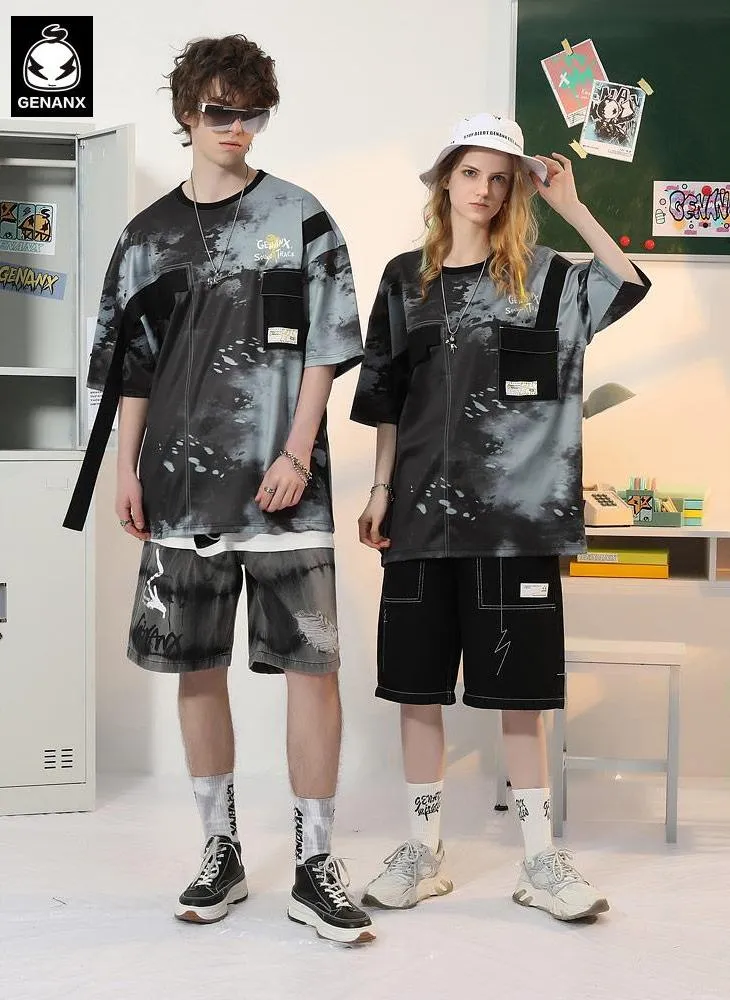Tie Dye Pocket Print Flutter Space Cotton T-Shirt