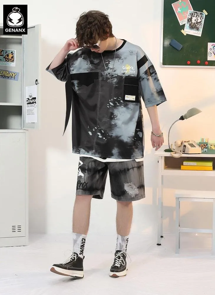 Tie Dye Pocket Print Flutter Space Cotton T-Shirt