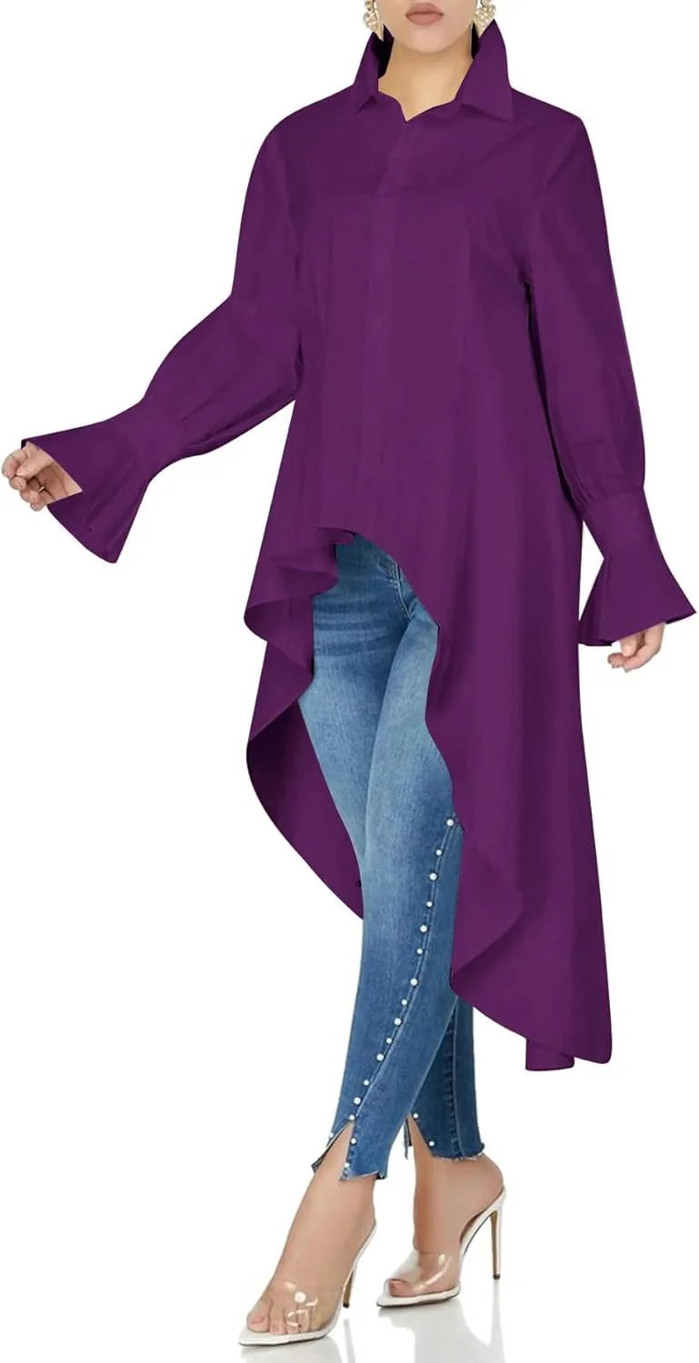 Umenlele Womens Button Down Long Sleeve Asymmetric Ruffle High Low Hem Blouse Shirt Top
